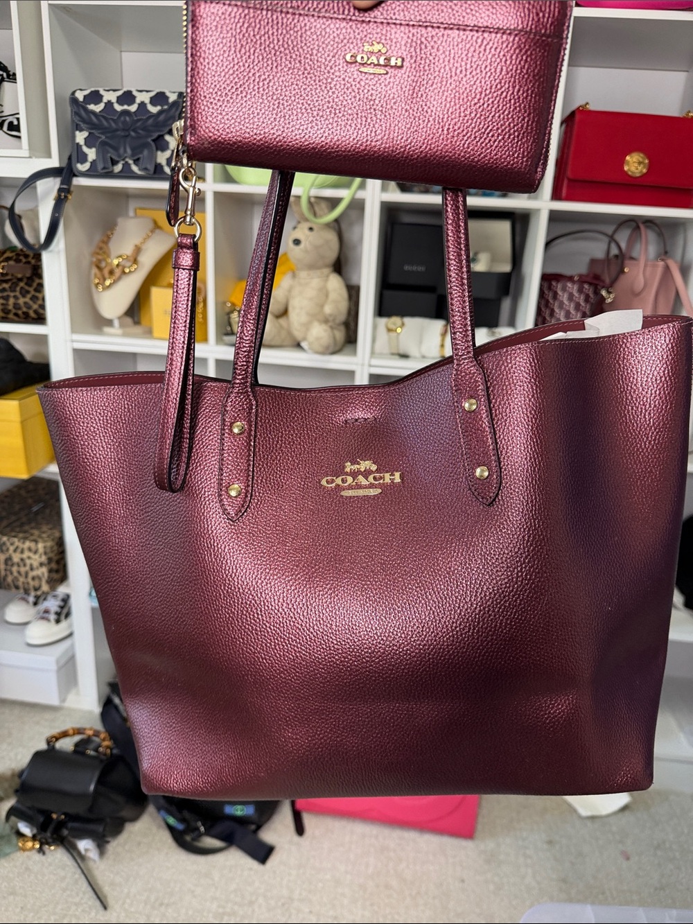 Coach Metallic Burgundy Leather Tote EUC and NWOT Wristlet